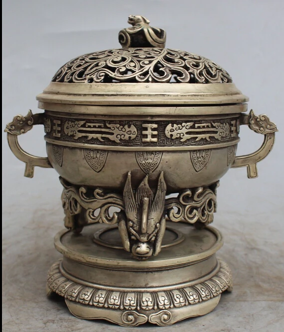 

8" Marked Chinese Silver Lion Dragon Pixiu Beast incense Burner Censer Statue R0707 B0403