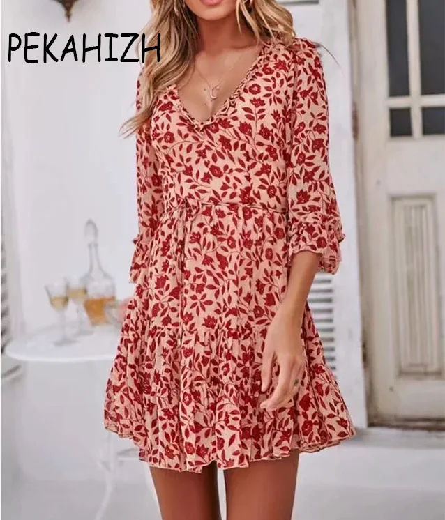 

Bohemian Vintage Printed Dress Sexy Halter Beach Seaside Holiday Chiffon Dress