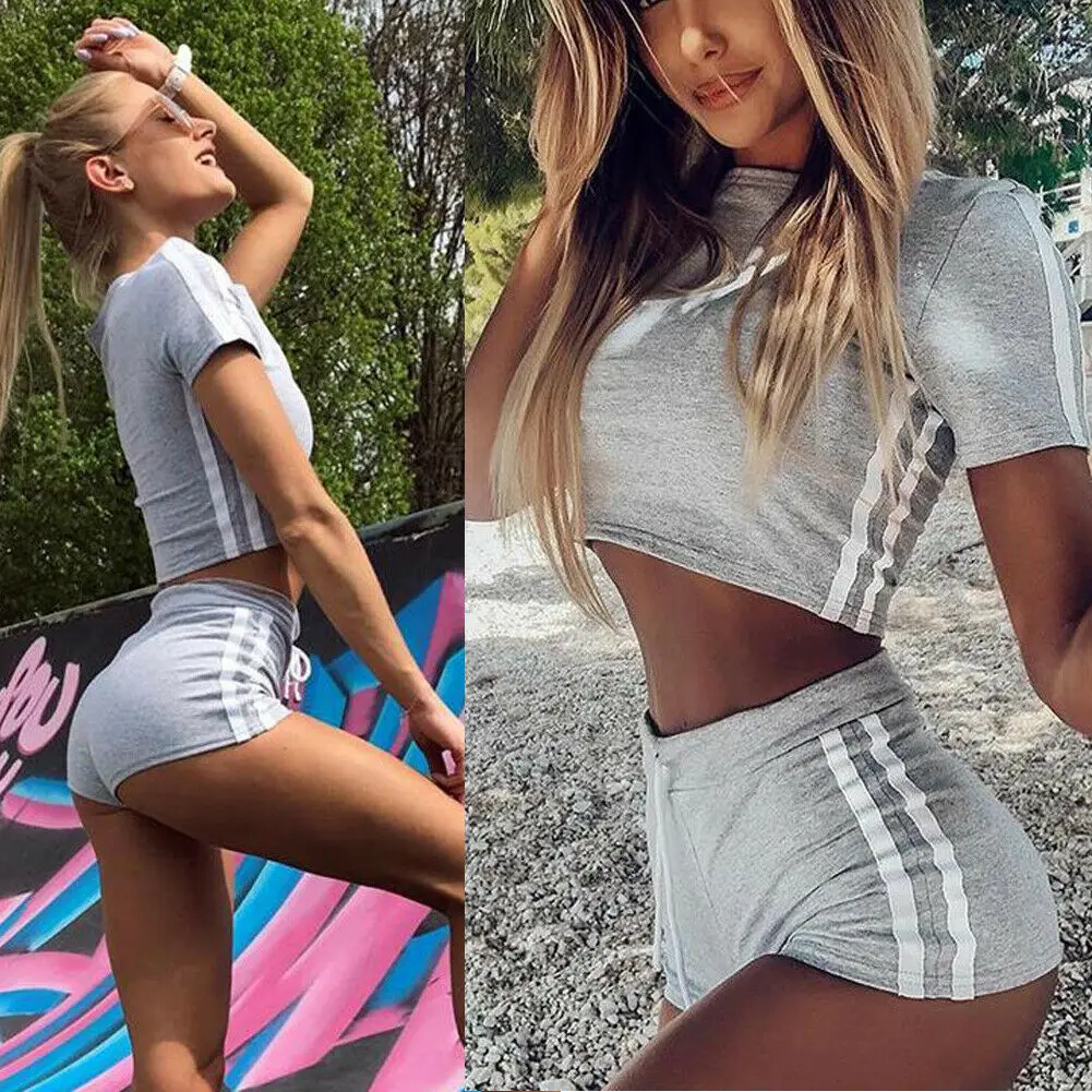 Женский спортивный костюм 2 шт./компл. короткий топ и шорты одежда простая