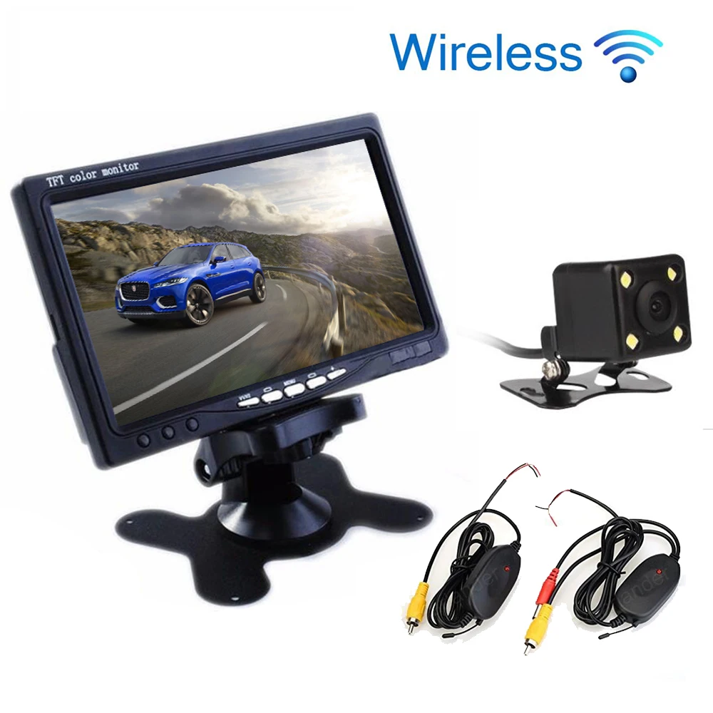 Wireless 7 Inch TFT LCD Car Monitor 2 AV input Rear View System with