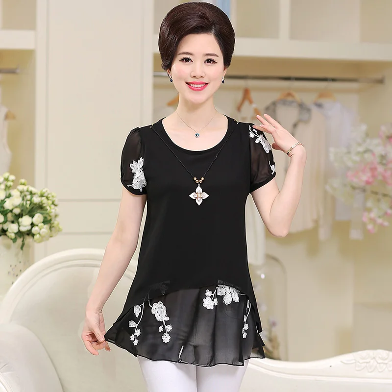 Large Size Women Short Sleeve Chiffon Shirts Mother Double-deck Blouses Fashion Flower Print Tops Pullover Plus Size XL-4XL W919 5