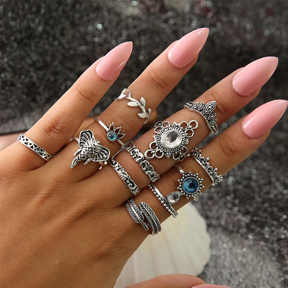 12 Pcs/set Women's Fashion Elephant Crystal Hollow Geometric Leaf Crown Rhinestone Silver Color Ring Set Bohemian Retro Jewelry |