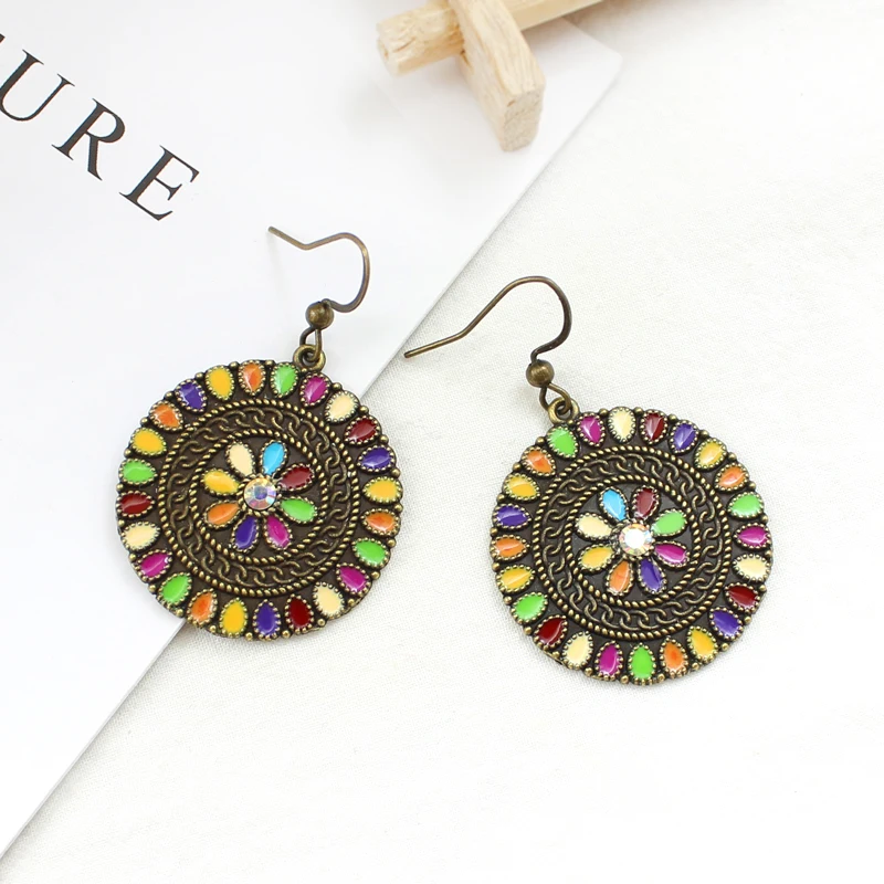 

Bohemian Ethnic Tibetan Style Gorgeous Earrings Colored Glass Embossed Sun Flower Large Disc Earrings Jewelry Gift For Friends