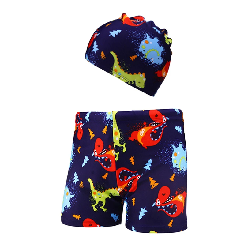 Купальные шорты для маленьких мальчиков, 2 предмета детские летние Стрейчевые пляжные шорты с рисунком животных+ шапочка для плавания, для детей возрастом от 2 до 6 лет, A25
