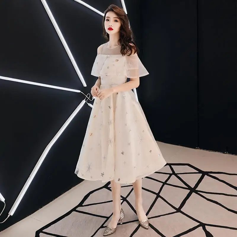 Rhinestone Exquisite Women Mesh Dress Elegant Bride Wedding Party Cheongsam Flare Sleeve Retro Gown Off Shoulder Robe De Soiree - Цвет: Champagne Mid