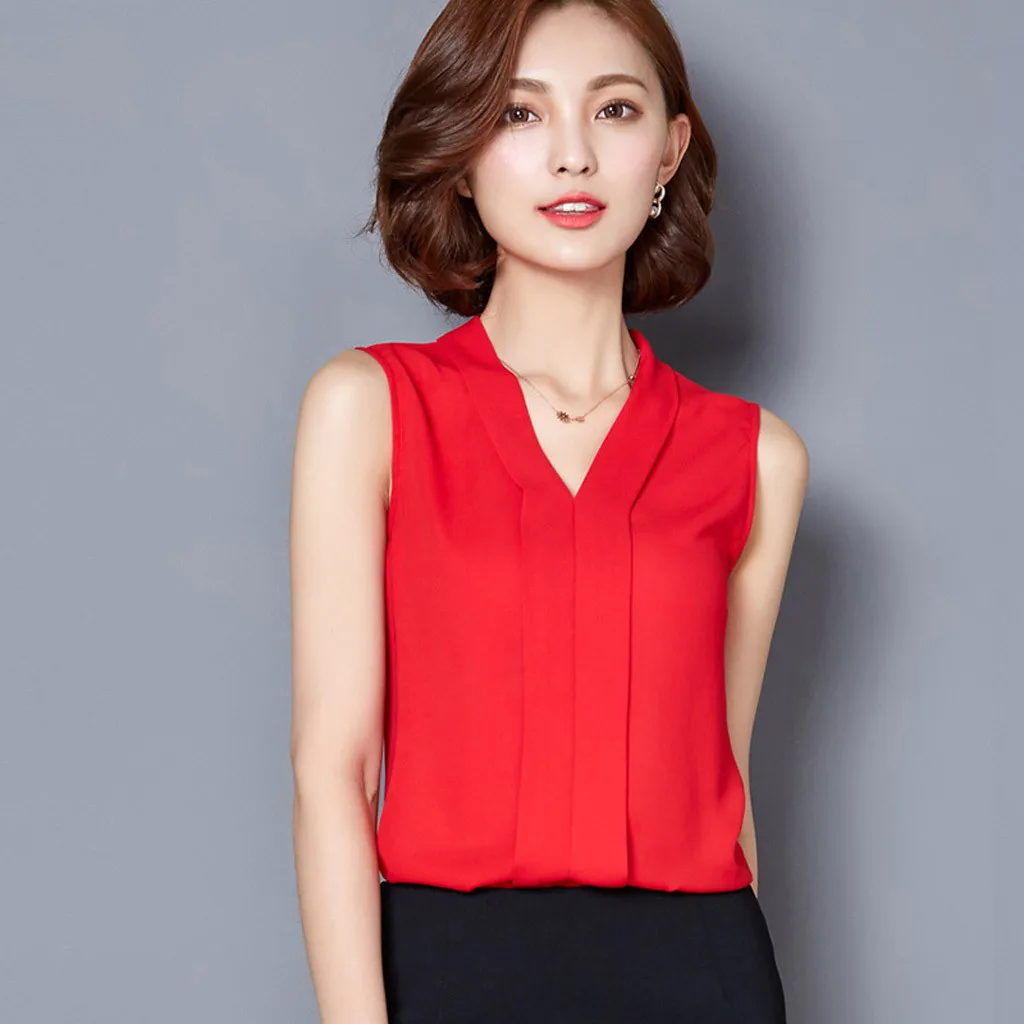

2019 New Women Summer Brief Office Work Wear V-Neck Shirts Fashion Sleeveless Chiffon Casual Tops