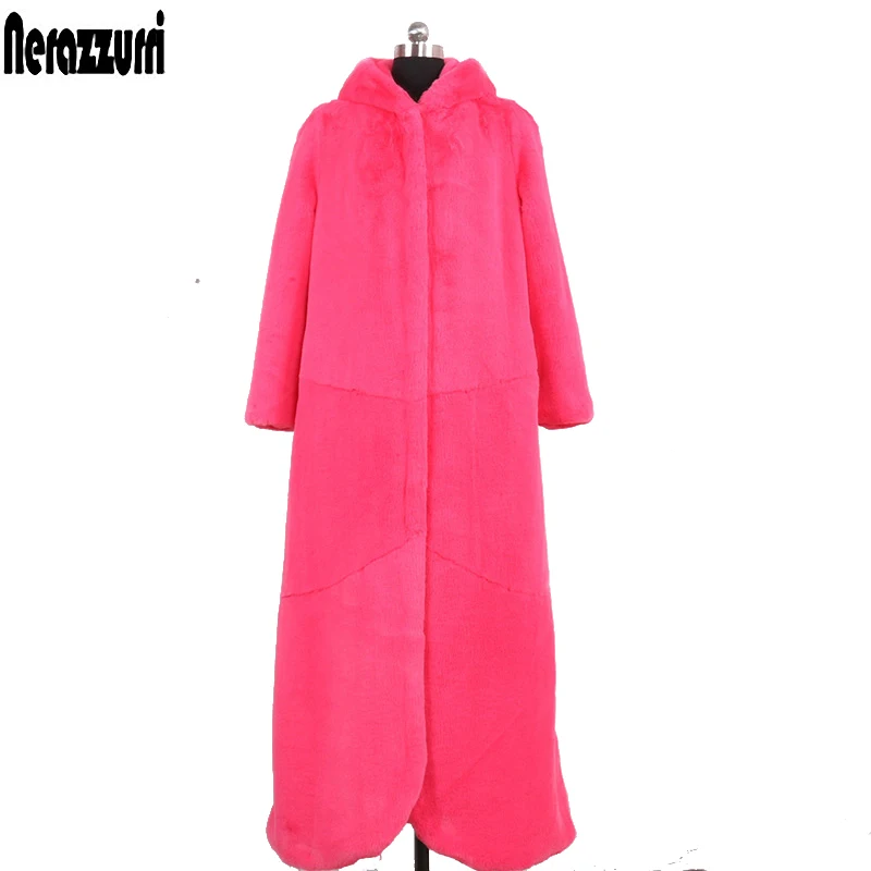 Nerazzurri Extra lange faux bontjas vrouwen met kap dikker warme pluizige nep rex konijn bont jas plus size uitloper 5xl 6xl Nerazzurri Extra lange faux bontjas vrouwen met kap dikker warme pluizige nep rex konijn bont jas plus size uitloper 5xl 6xl