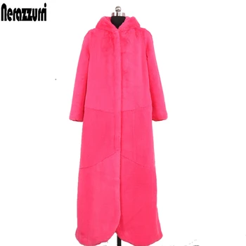 

Nerazzurri Extra long faux fur coat women with hood thicken warm fluffy fake rex rabbit fur overcoat plus size outwear 5xl 6xl