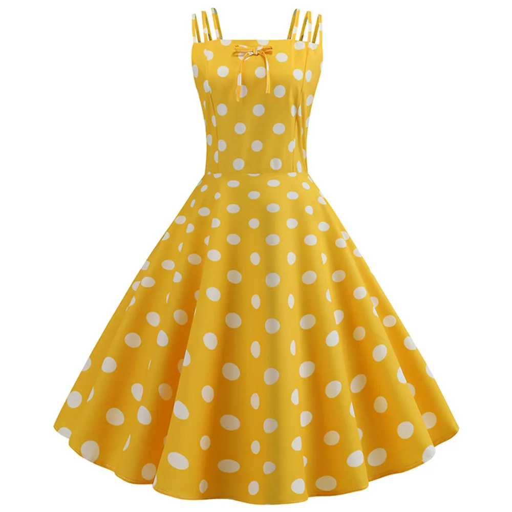 

Women Summer Spaghetti Strap Polka Dot Vintage Dress Sexy Pin Up Rockabilly Party Robe 2019 Casual Beach Midi Dress Plus Size
