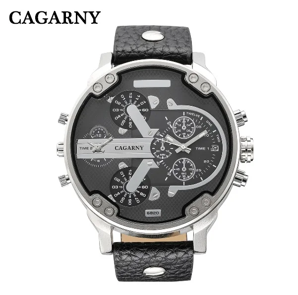 Классический большой чехол, аналоговые кварцевые часы для мужчин, роскошные брендовые Cagarny Dual Times Miltiary Relogio Masculino, черный кожаный ремешок, Saat - Цвет: Черный