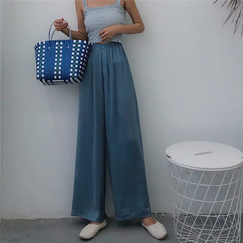 

Alien Kitty Women Fresh Elastic Loose High Waist 2019 Summer Thin Satin Solid High Quality Casual Simple Straight Full Trousers