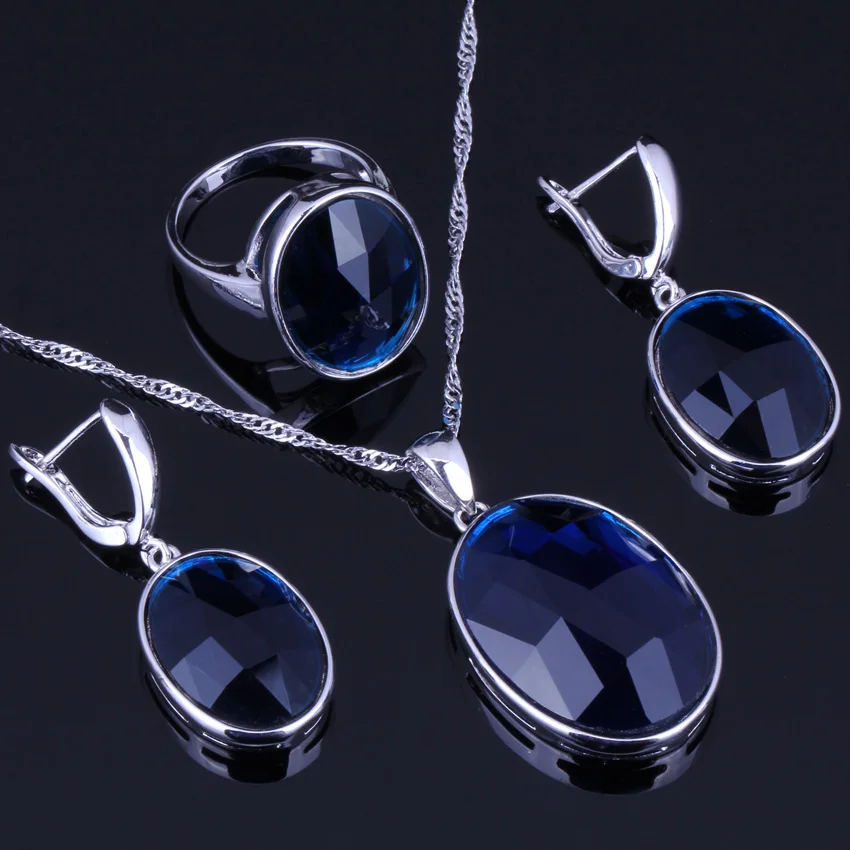 

Unusual Oval Blue Cubic Zirconia 925 Sterling Silver Jewelry Sets For Women Earrings Pendant Chain Ring V0011