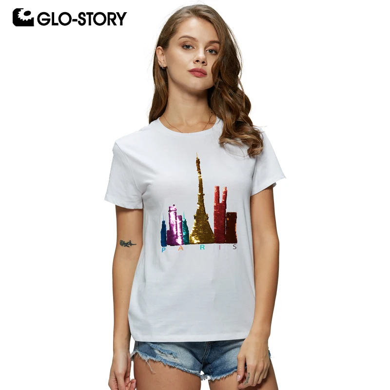 

GLO-STORY 2019 Summer New Women Causal Building Sequined T-Shirts Short Sleeve O-Neck Tops Female Ladies T-Shirts WPO-8873