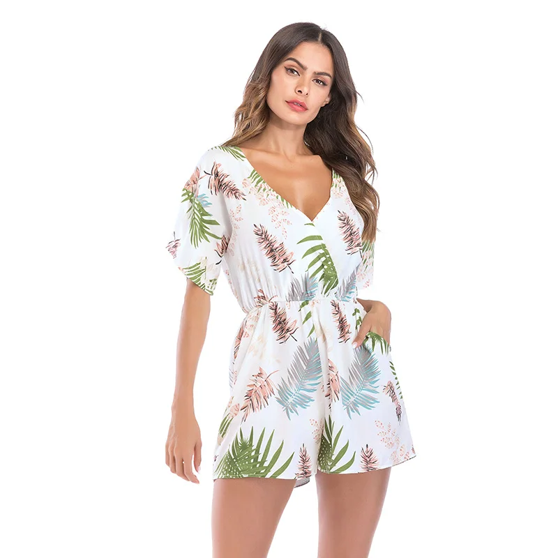 Heydress с принтом листьев, комбинезон с v-образным вырезом, неэластичный комбинезон с короткими рукавами, комбинезон с треугольным вырезом, праздничный мини-комбинезон, женская летняя уличная одежда