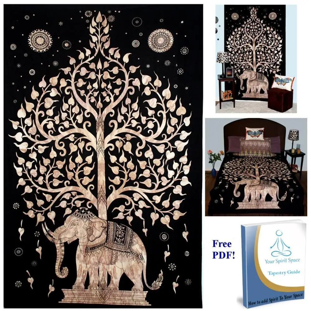 

New Indian Elephant Tapestry Aubusson Tree Decor Mandala Beach Mat Religious Bohemia Wall Carpet LivingRoom Blanket