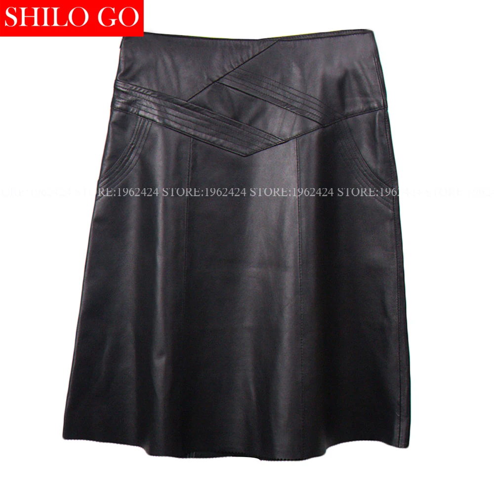 Herfst winter mode vrouwen hoge kwaliteit schapenvacht hoge taille geometrische gestreepte pocket A-lijn pocket zwart lederen rok Herfst winter mode vrouwen hoge kwaliteit schapenvacht hoge taille geometrische gestreepte pocket A-lijn pocket zwart lederen rok