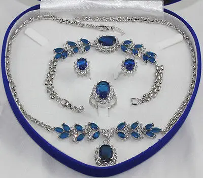 

Gold Plated Inlay Blue crystal Necklace Bracelet Ring Earring set>AAA18KGP Plated gold Bridal wide watch wings queen JEWE U547D