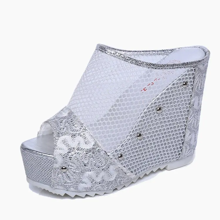 

INS SEXY air mesh platform slippers women 2019 summer cool embroider super high heels mules women wedges shoes woman