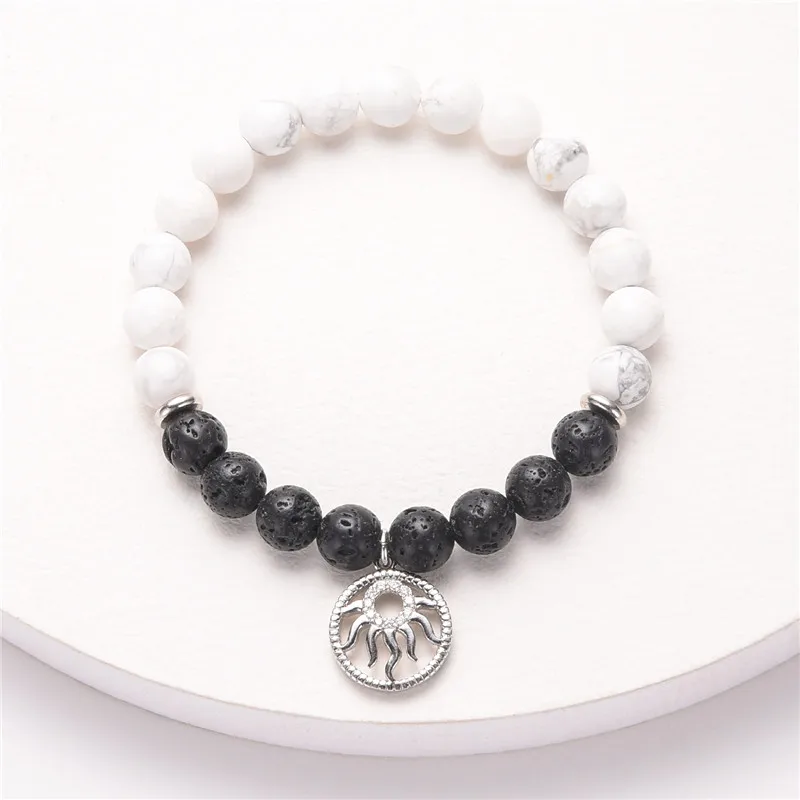 8mm Lava Rock Black White Stone Beads Bracelet Silver Sun Charm Bracelets &amp Bangles Handmade Oil Diffuser Yoga Jewelry MBR180130 |
