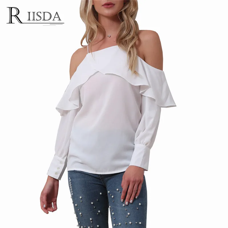 Sexy new strap shoulder ruffled long sleeve shirt blouse (4)