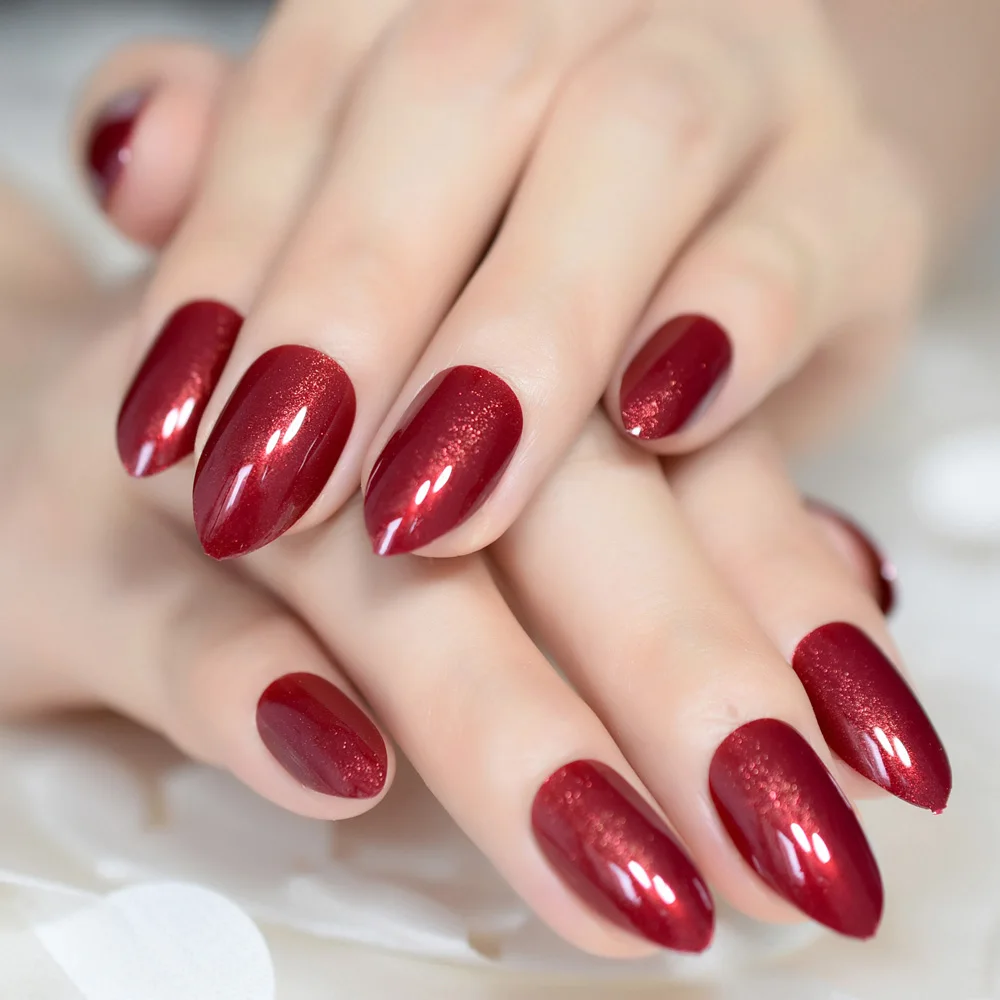 

Claret-red False Nails Almond Oval Stiletto Sharp Shimmer Burgundy Red Fake Nail Pointed Full Cover UV Gel Wear Nep Nagels