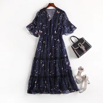 

Summer Dress V neck Chiffon black Dress Female Elegant Holiday Beach Sundress Elastic Waist Bohemian Floral Women 5XL plus size