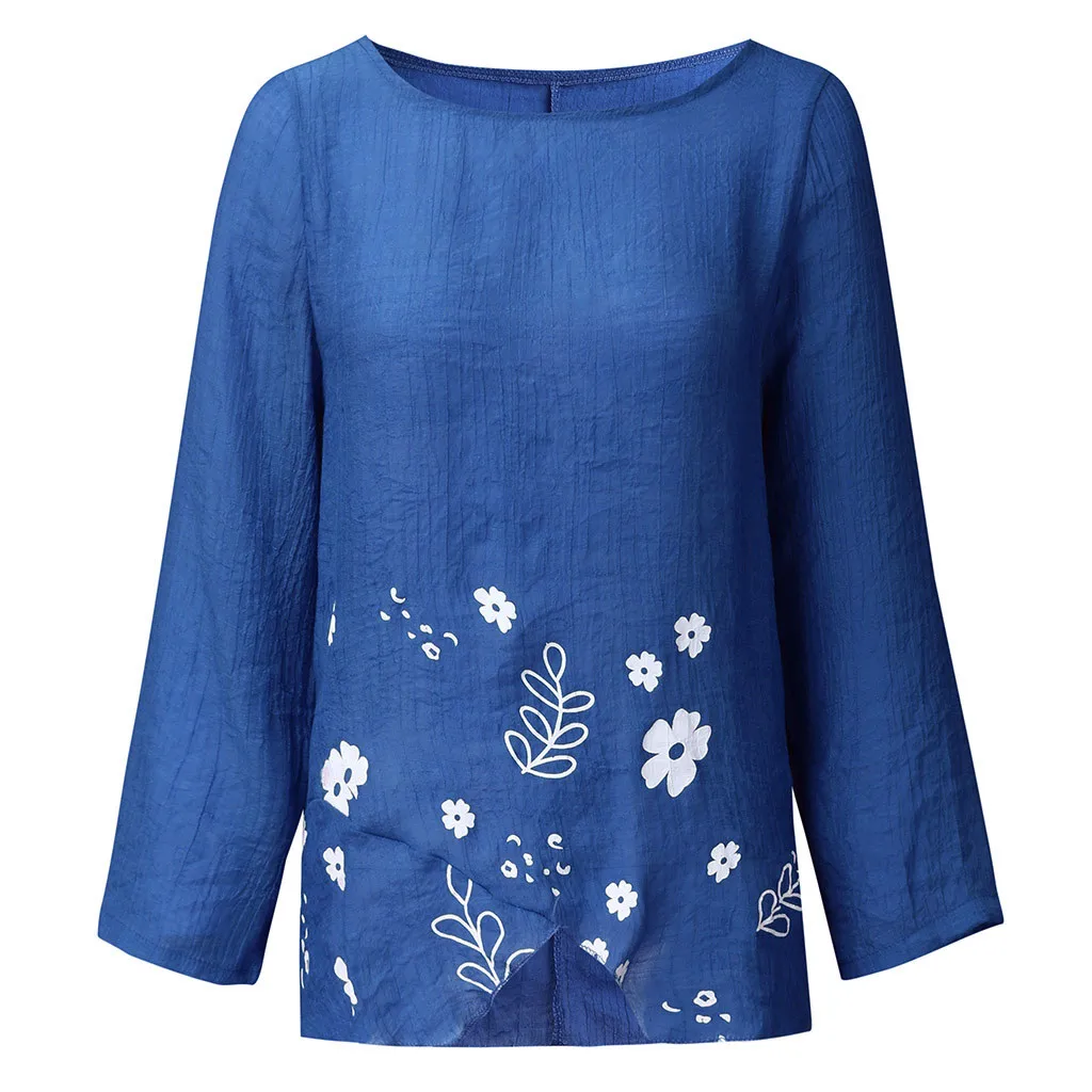 Blue Женская блузка, новая мода, женские осенние свободные топы, круглый вырез, Повседневная Блузка с длинным рукавом, с принтом, пуловер, рубашка, топы - Цвет: Blue