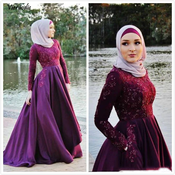 

Lace Beaded Arabic 2019 Muslim Prom Dresses Long Sleeves A-line Satin Evening Dresses Vintage Elegant Formal Party