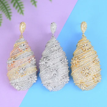 

GODKI Trendy Luxury Waterdrop Flower LongDangle Earring for Women Wedding Full Micro CZ Cubic Zircon Indian Dubai Gold Earrings