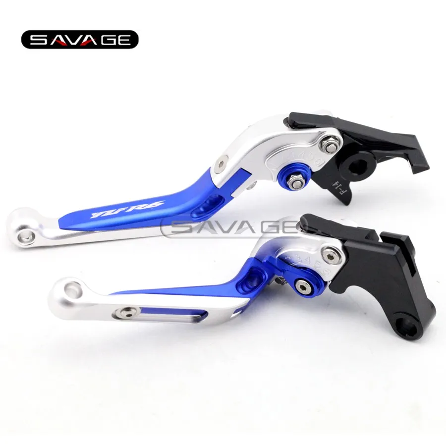 

For YAMAHA YZF R6 YZF-R6 2006-2016 Blue+Silver Motorcycle Adjustable Folding Extendable Brake Clutch Lever logo YZFR6