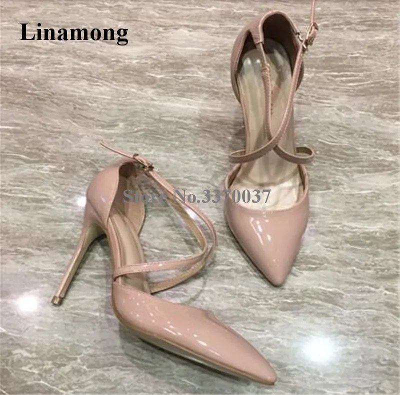 

Brand Design Women Fashion Nude Black Patent Leather Thin Heel Pumps Ankle Strap Cross Pointed Toe High Heels Dress Shoes