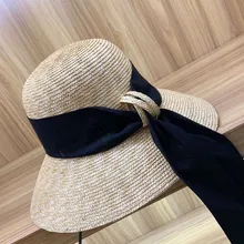 01902-axi черная лента лето натуральная бумага ручной работы большой край Досуг Пляж Леди Кепка с покрывалом женские шапка Санты Клауса