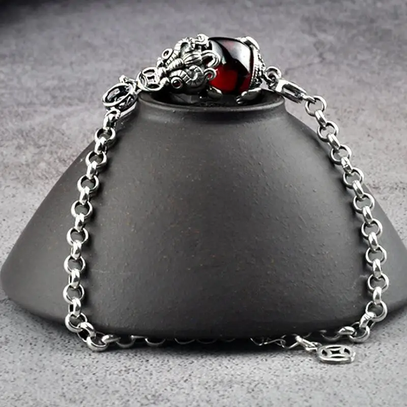 

Mythical wild animal garnet pendant sterling 925 silver 3mm thick link chain bracelet (YRT)