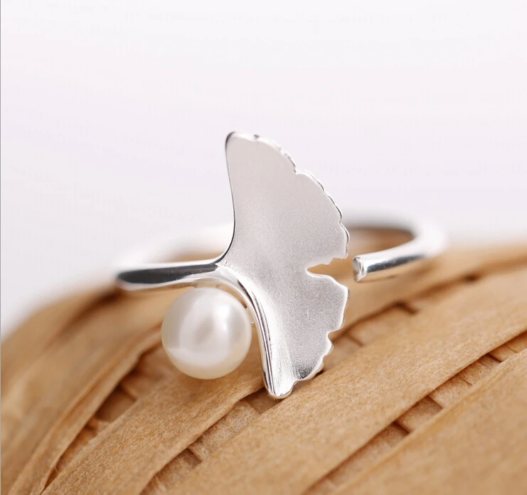 RI155 ginkgo leaf Cute Rings 100% 925 Sterling silver Jewelry  Vintage Adjustable rings for women gift