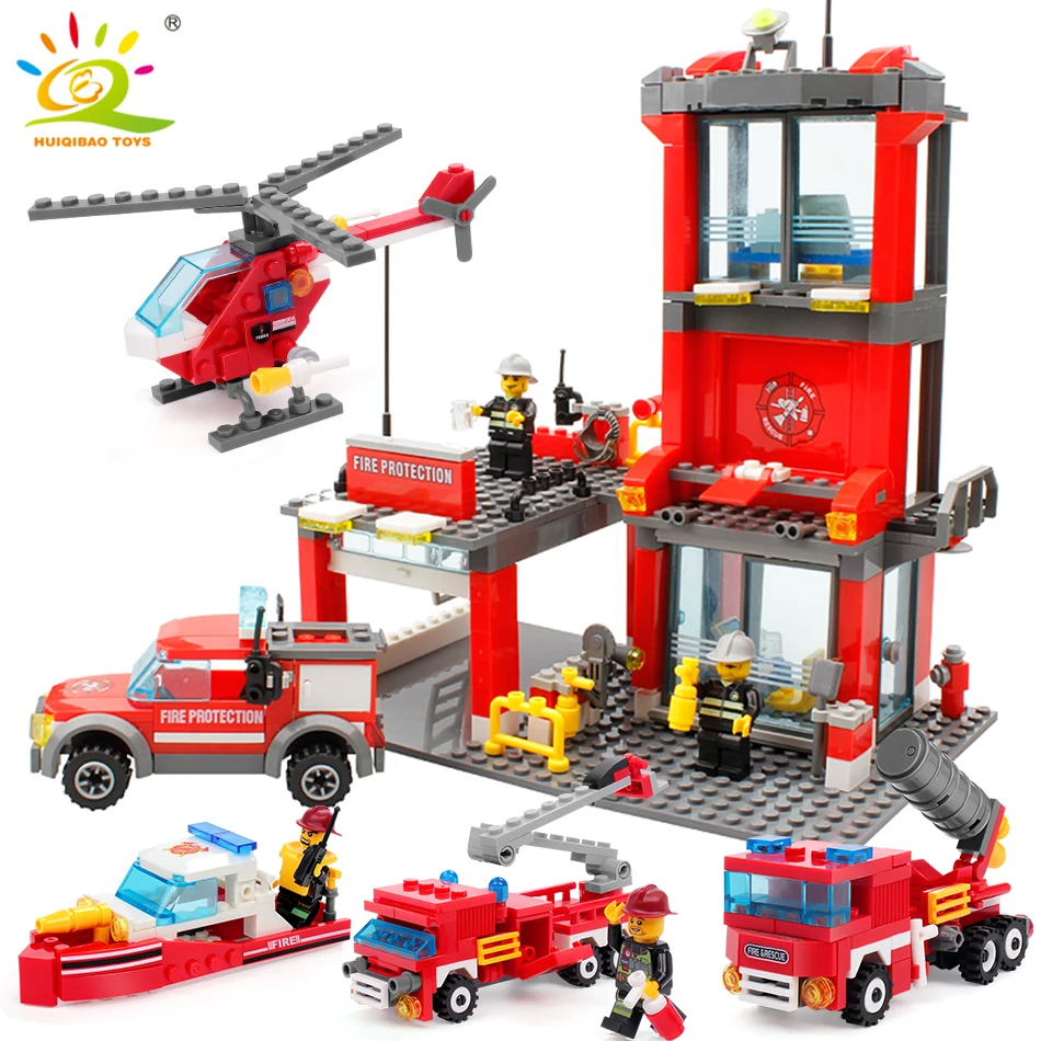 

Firefight Station with Trucks Building Blocks Compatible Legoed City fireman figures helicopter DIY Bricks set toys for children