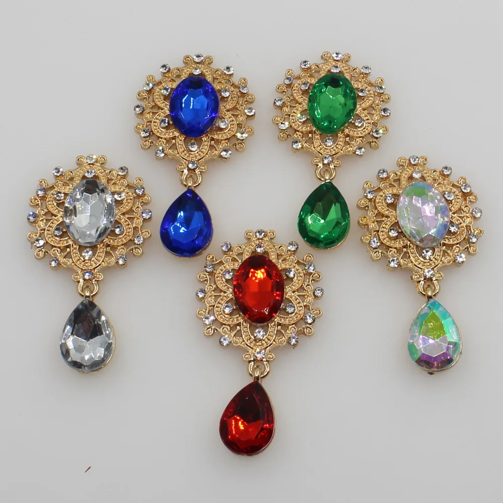 Mini Flower Brooch with Crystal Button Gold Flatback Wedding Wine Glass Ornament Decoration Crafts Scrapbooking 25x45mm 10PCs