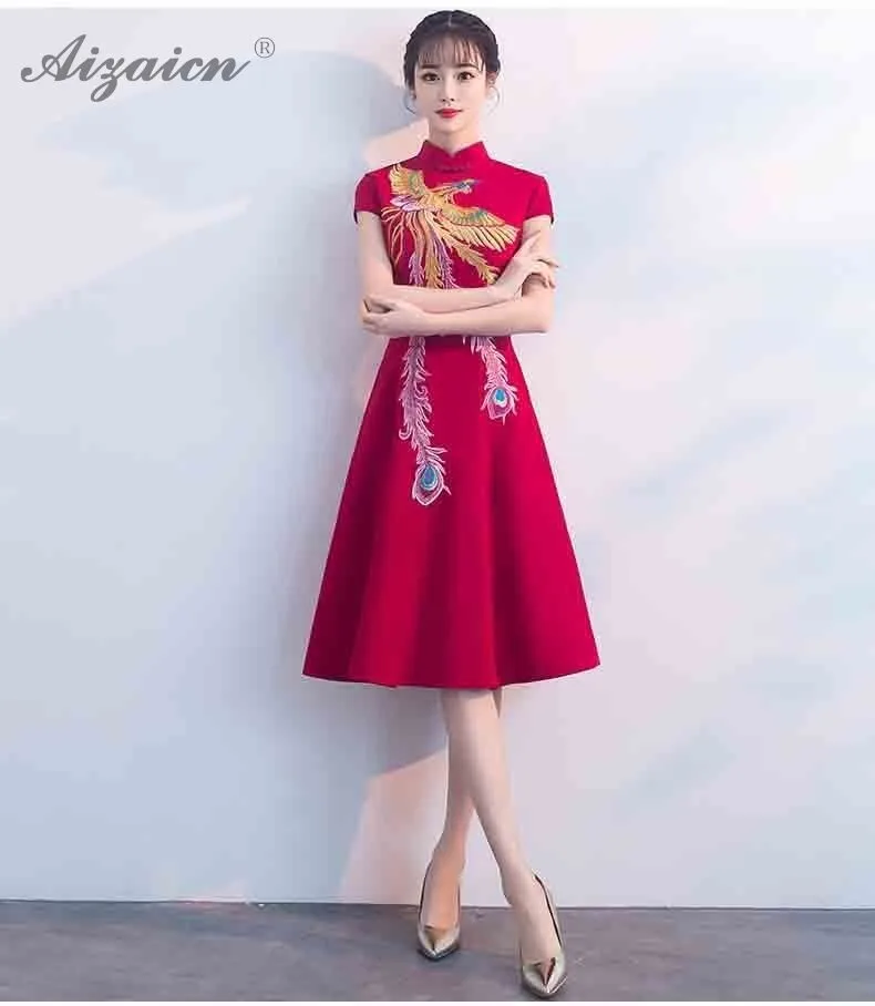 Мода 2019 Красные Длинные Cheongsam вышивка феникс Qipao платья для женщин для Китайский традиционный свадебный платье ориентированное стиль