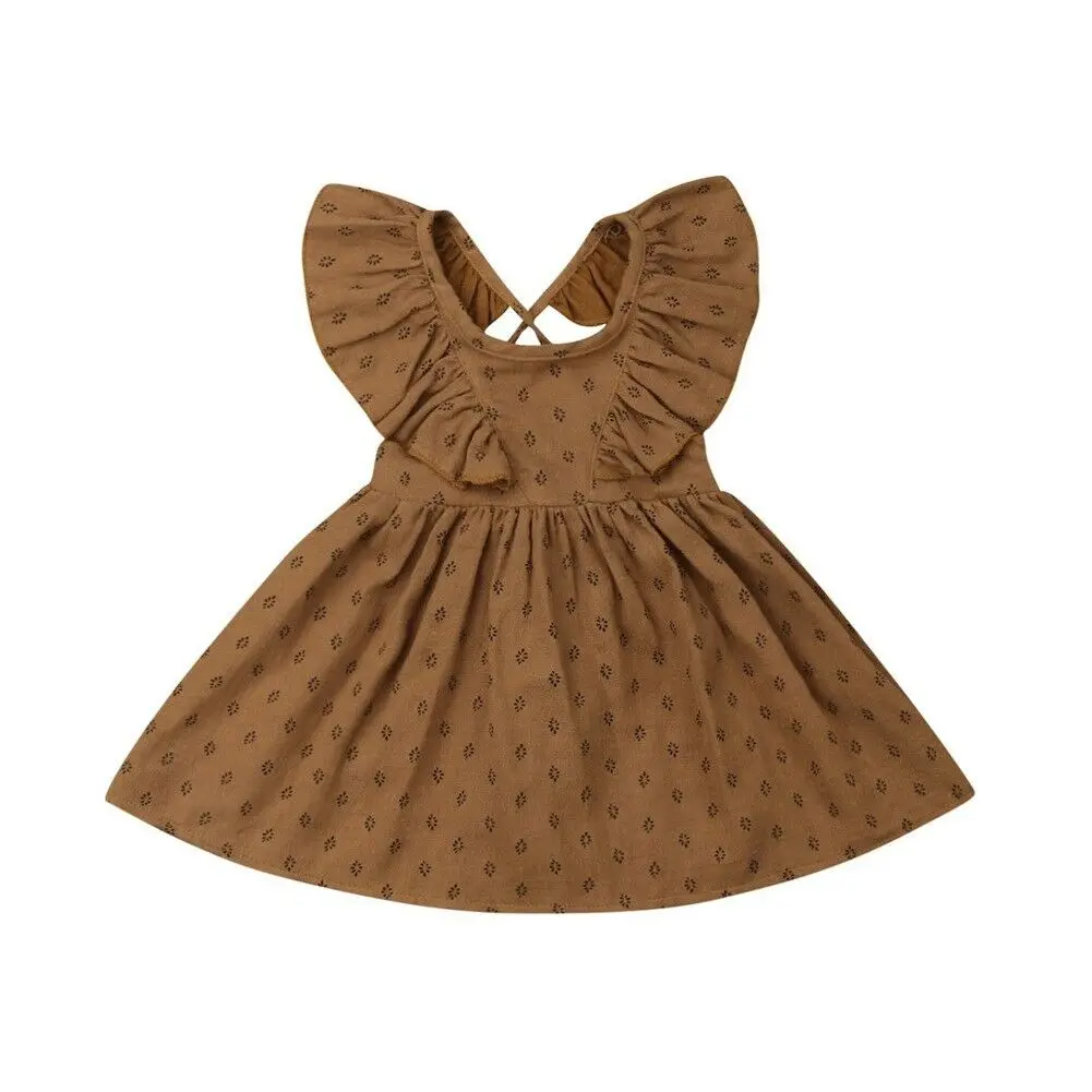 

2019 Summer Kids Baby Girl Ruffles Sleeve Brown Retro Style Beach Boho Party Suspender Dress Sundress Clothes