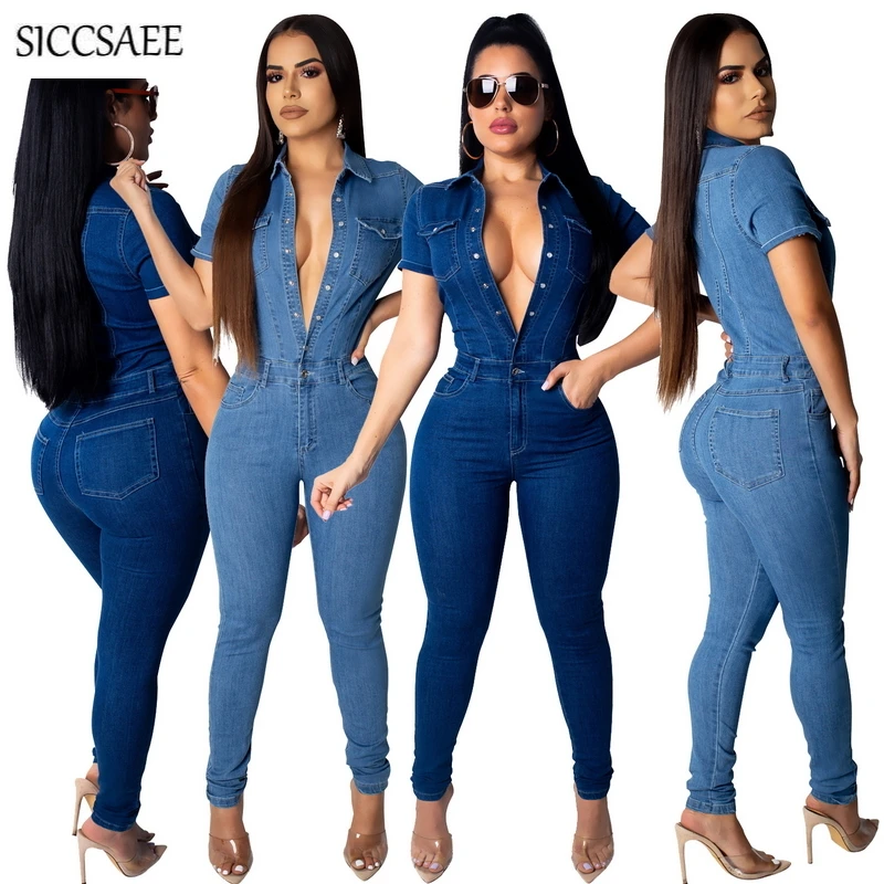 

Turn Down Collar Denim Rompers Womens Jumpsuit Long Pants Bodycon Bandage Overalls Short Sleeve Button Front Sexy Mono Mujer