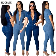 Turn Down Collar Denim Rompers Womens Jumpsuit Long Pants Bodycon Bandage Overalls Short Sleeve Button Front Sexy Mono Mujer Turn Down Collar Denim Rompers Womens Jumpsuit Long Pants Bodycon Bandage Overalls Short Sleeve Button Front Sexy Mono Mujer