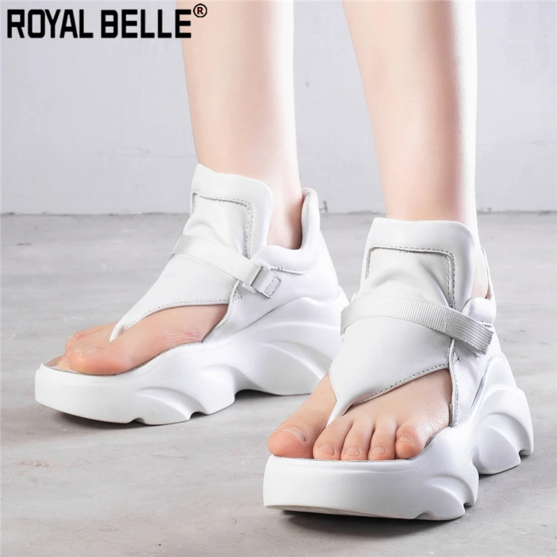 

Royal Belle Summer New Thick Sole Leather Shoes Casual Clip Toe Flat Sandals Ladies Shoes Black White Beach Women Sports Sandals