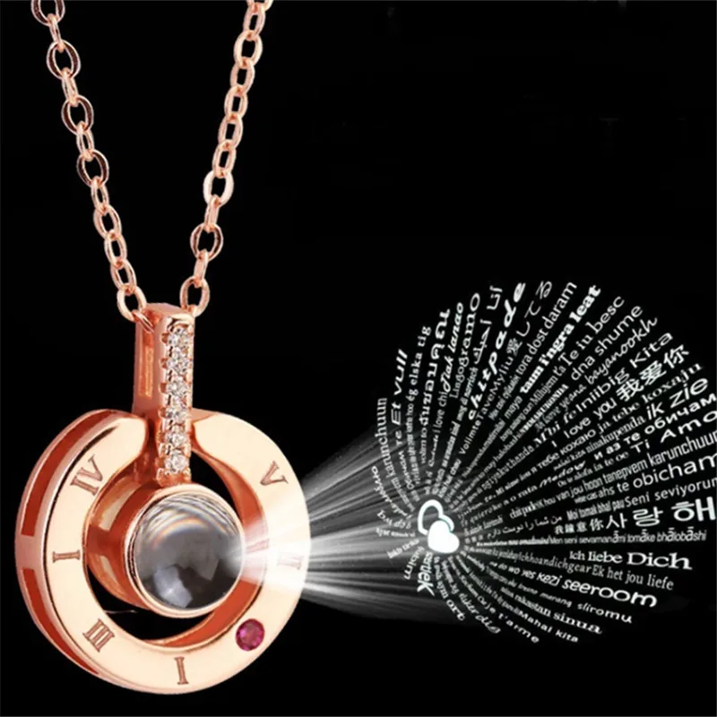 

Rose Gold&Silver 100 languages I love you Projection Pendant Necklace Romantic Love Memory Wedding Necklace