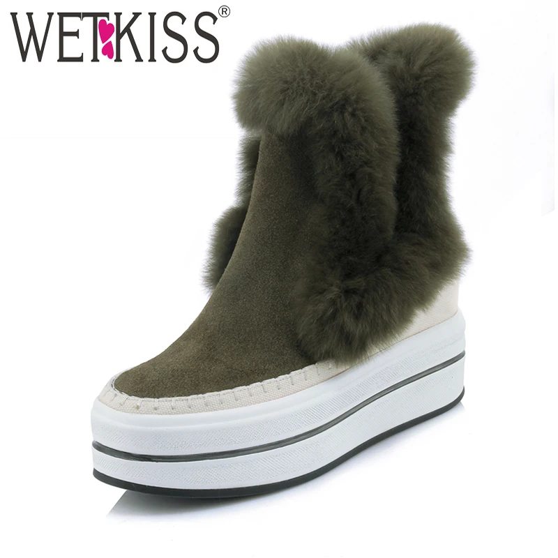 

WETKISS Slip On Elastic Band Ankle Boots Height Increasing Platform Winter Boots Genuine Leather Warm Fur Ladies Shoes Woman