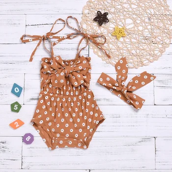 

2019 Baby Summer Clothing Newborn Baby Girls Bodysuit Headband 2pcs Sleeveless Belt Daisy Flowers Bow Jumpsuits Outfits 0-24M