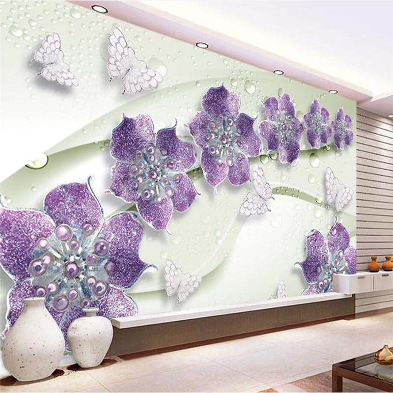 beibehang Custom Photo Wallpaper 3D Fresco Wall Sticker Purple Diamond Butterfly Flower Background Wall papel de parede