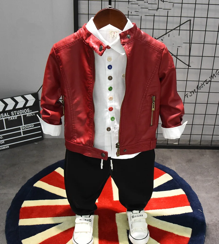 

3PCS Suits Kids Boys Clothes Sets Child Faux leather jacket + shirt + jeans Spring Autumn Children Boys Sets Children Clothing