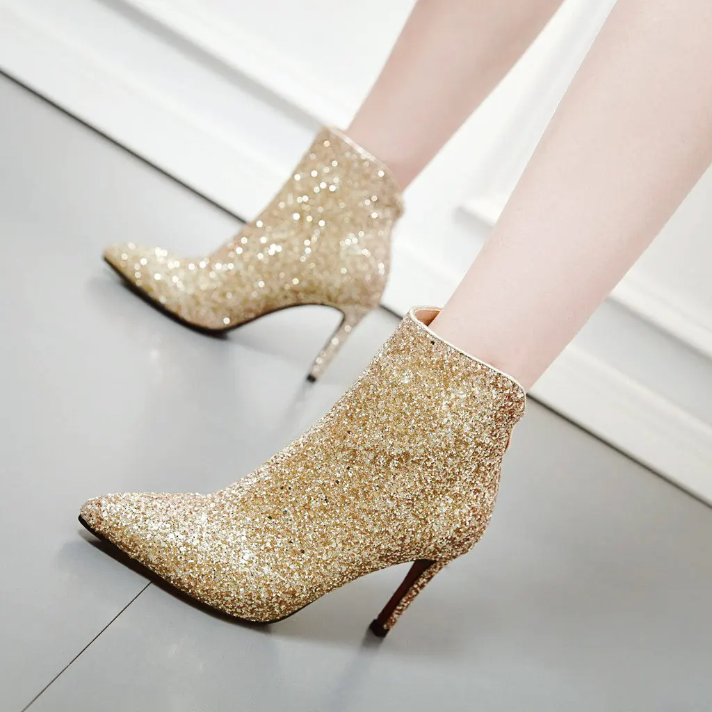 

Ladies Sequined Cloth Ankle Boots Sexy High Heel Bootie Zipper Pointed Toe Winter Ladies Shoes Gold Red Black Silver