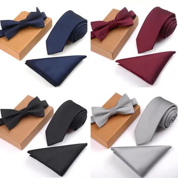 

Hot 3 Pcs/Set Men Slim Tie Set Bow Tie Pocket Square Handkerchief + Bowtie + Necktie Kit Men's Gifts MSK66