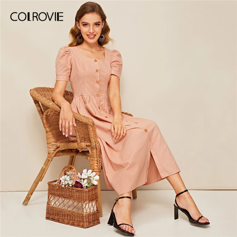 

COLROVIE Pink Square Neck Puff Sleeve Pocket Patched Button Boho Dress Women 2019 Summer Vintage Holiday Office Ladies Dresses