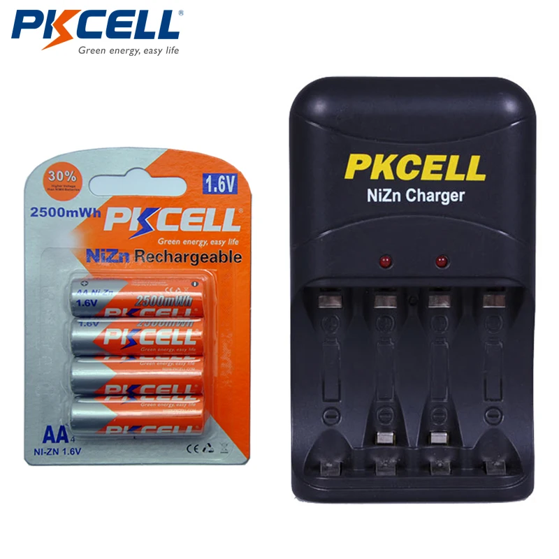 4 шт. PKCELL 1 6 V AA NiZn аккумуляторная батарея 2500mWh + Nizn AA/AAA зарядное устройство EU Plug |
